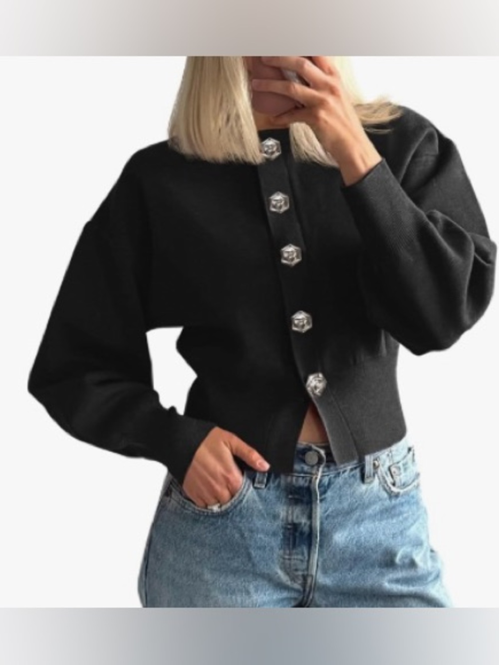 NWT Saodimallsu Button Up Cardigan, Long Lantern Sleeve Knit Crew Neck Medium